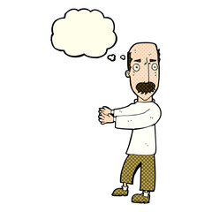 cartoon balding man explaining with thought bubble