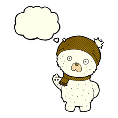 cartoon cute polar bear in winter hat and scarf with thought bub