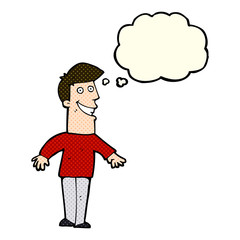 cartoon grinning man with thought bubble