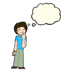 cartoon boy wondering with thought bubble