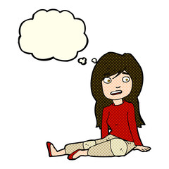 cartoon girl sitting on floor with thought bubble