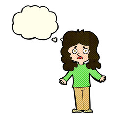cartoon worried woman with thought bubble
