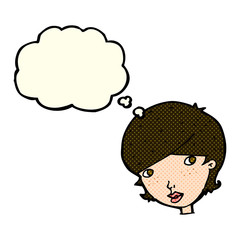 cartoon friendly woman with thought bubble