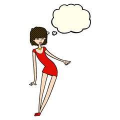 cartoon woman in dress leaning with thought bubble