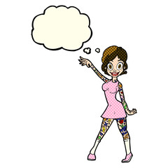 cartoon woman with tattoos with thought bubble