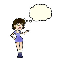 cartoon worried woman in dress pointing with thought bubble