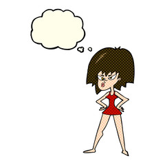 cartoon angry woman in dress with thought bubble