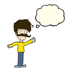 cartoon waving mustache man with thought bubble