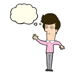 cartoon bored man waving with thought bubble