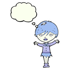 cartoon waving vampire girl with thought bubble