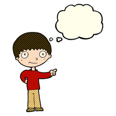 cartoon happy boy pointing with thought bubble