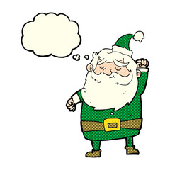 cartoon santa claus punching air with thought bubble