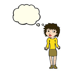 cartoon woman shrugging shoulders with thought bubble