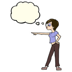 cartoon hip woman pointing with thought bubble