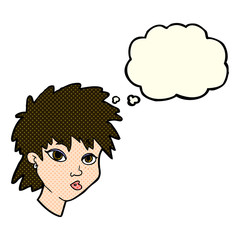 cartoon curious girl with thought bubble