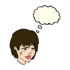 cartoon woman with plaster on face with thought bubble