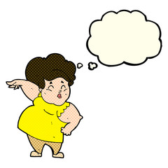 cartoon happy overweight lady with thought bubble