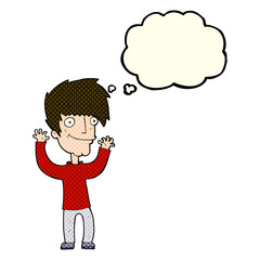 cartoon man waving arms with thought bubble
