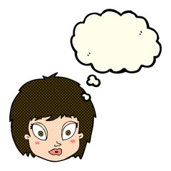 cartoon surprised female face with thought bubble