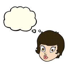 cartoon surprised female face with thought bubble