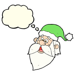 cartoon jolly santa claus face with thought bubble