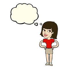 cartoon happy woman with hands on hips with thought bubble