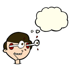 cartoon excited boy's face with thought bubble