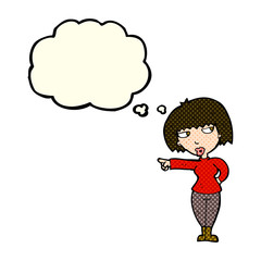 cartoon annoyed woman pointing with thought bubble