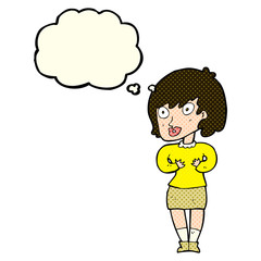 cartoon woman making Who Me? gesture with thought bubble