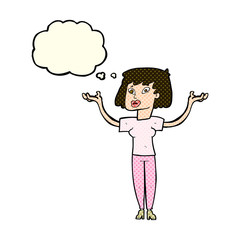 cartoon woman holding up hands with thought bubble