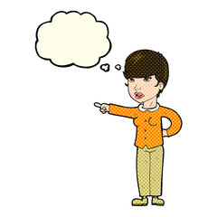 cartoon woman pointing finger of blame with thought bubble