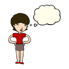 cartoon woman with hands on hips with thought bubble