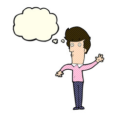 cartoon nervous man waving with thought bubble