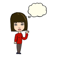 cartoon woman waving with thought bubble