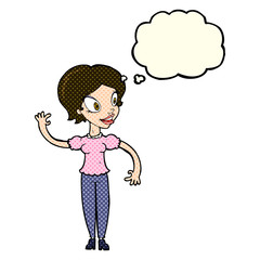 cartoon woman waving with thought bubble