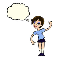 cartoon girl waving with thought bubble