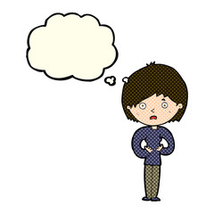 cartoon woman making Who Me? gesture with thought bubble