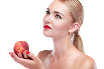 young white-headed girl with fruit isolated on a white background