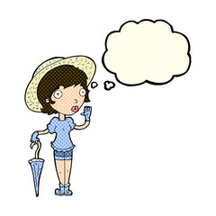 cartoon woman in summer hat waving with thought bubble