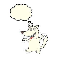 cartoon happy wolf with thought bubble