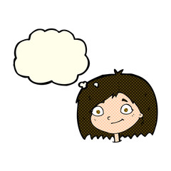 cartoon happy female face with thought bubble