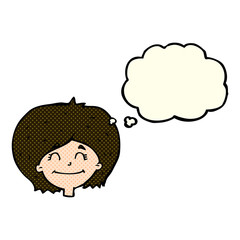 cartoon happy female face with thought bubble