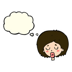 cartoon woman with eyes closed with thought bubble