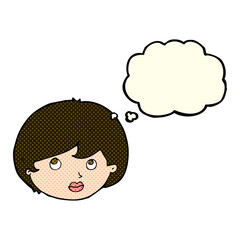 cartoon female face looking upwards with thought bubble
