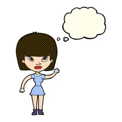 cartoon woman waving with thought bubble