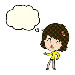 cartoon happy woman pointing with thought bubble