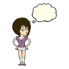 cartoon woman with hands on hips with thought bubble