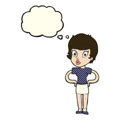 cartoon woman with hands on hips with thought bubble