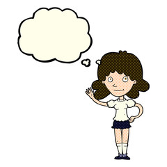 cartoon woman waving with thought bubble
