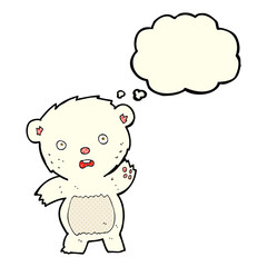 cartoon waving polar bear cub with thought bubble